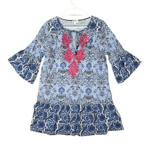Sundance Dress Tunic Blue Floral S Boho CottageCore Embroidered Bell Sleeve